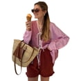 thumbnail image 2 of Blusa Informal de Larga con Cuello en V, A Rayas y Lazo Frontal para Mujer, con Patchwork y Bloques de Color Rosa M, 2 of 8