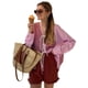 thumbnail image 2 of Blusa Informal de Larga con Cuello en V, A Rayas y Lazo Frontal para Mujer, con Patchwork y Bloques de Color Rosa XL, 2 of 8
