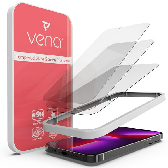 Vena HD Ultra Clear Tempered Glass Screen Protector Compatible With Apple iPhone 14 Pro Max / 13 Pro Max (6.7") - 3 Packs, (9H Hardness, Shatterproof Glass) Bubble Free Film with Installation Frame