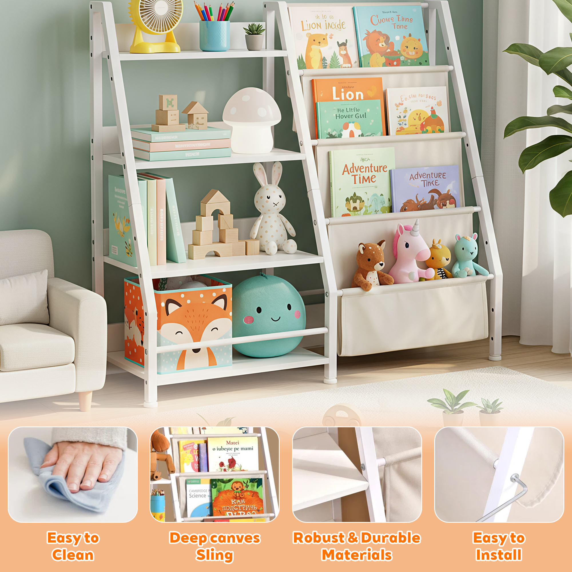 MAYEERTY Natural Wood Kids Bookshelf, 4-Tier Bookcase with Hanging Pockets, Children's Storage Organizer for Books & Toys