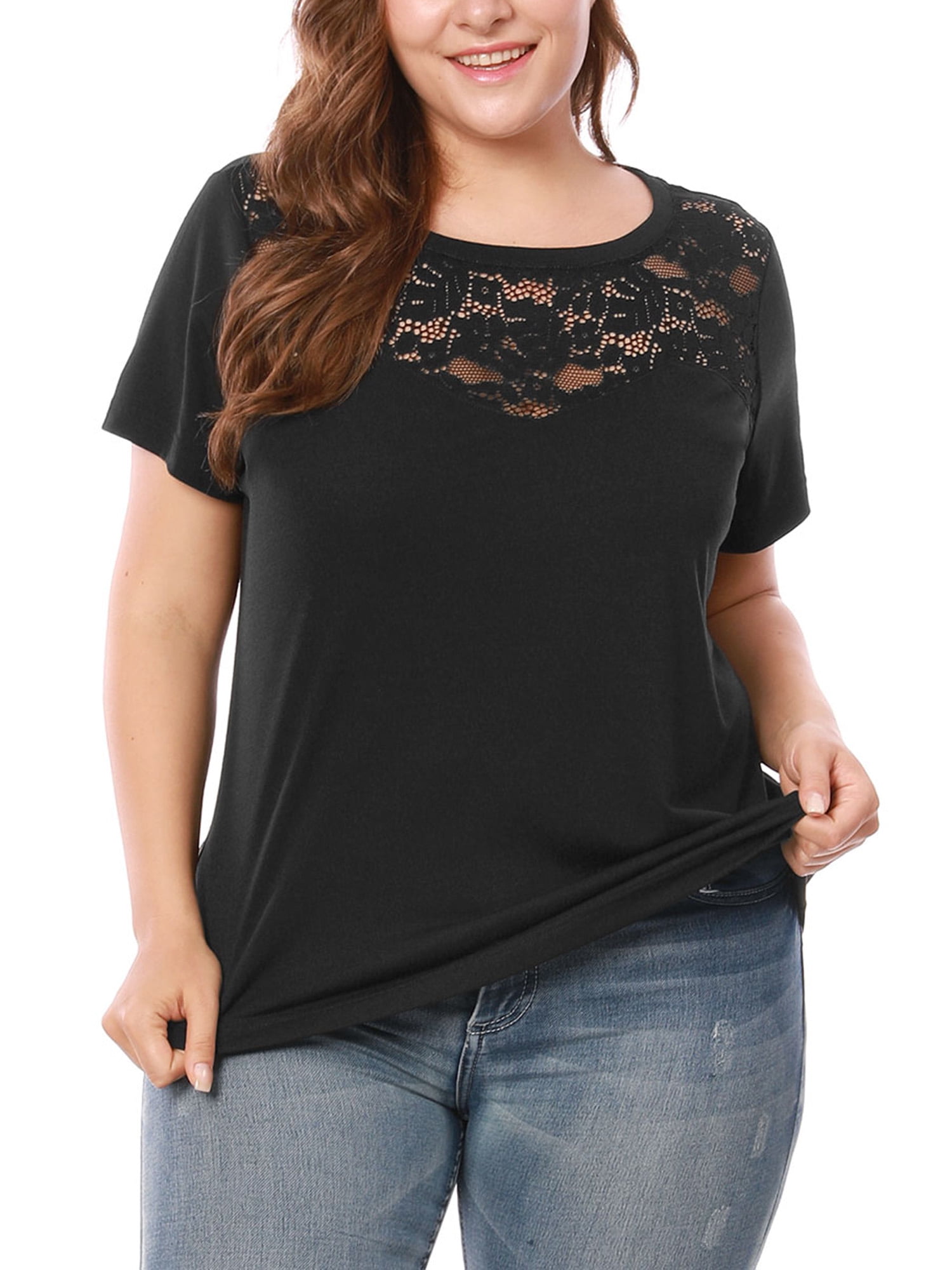 Unique Bargains Women's Plus Tops Lace Panel Round Neck Short Sleeve Blouse