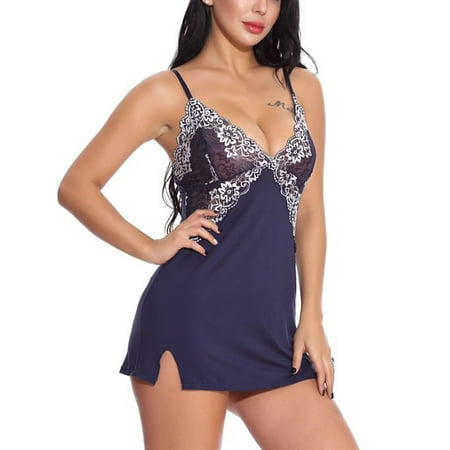 

Glonme Ladies Lingerie Lace Nightwear Deep V Neck Backless Chemise Floral Women Sexy Strappy With Thong Crotchless Dark Blue M