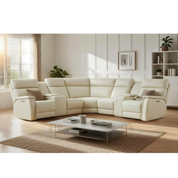 105" Leather Reclining Sectional, 3 Power Recliners, Adjustable Lumbar Support & Headrest,Dual Storage Console