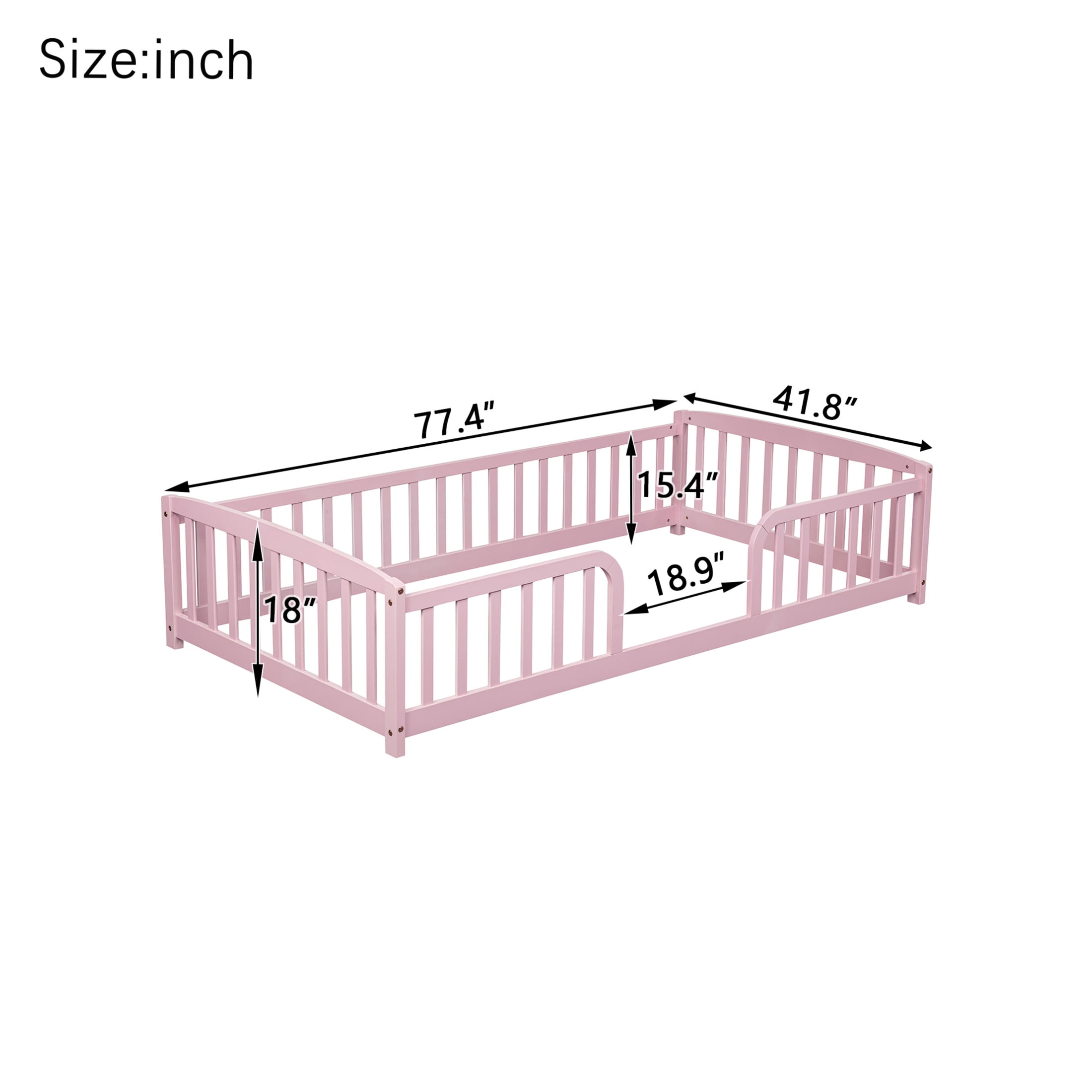 Noble House Norva Twin Size Floor Bed with Central Curved Entrance Guardrails, Pine Wood Bed Frame, Pink