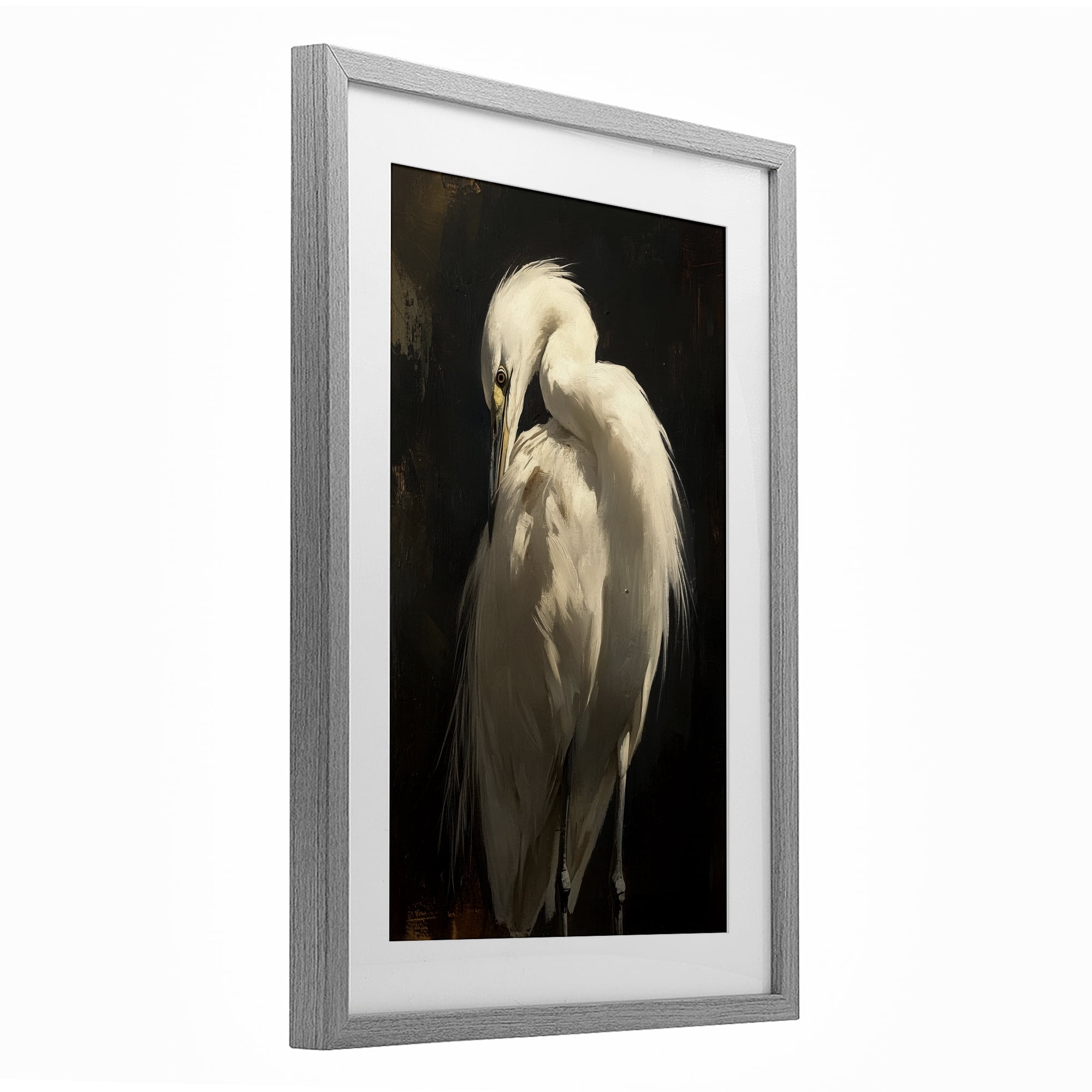 Stupell Industries Feathered Egret in Soft Light Gray Framed Print Under Glass, design by Petal Prints Design