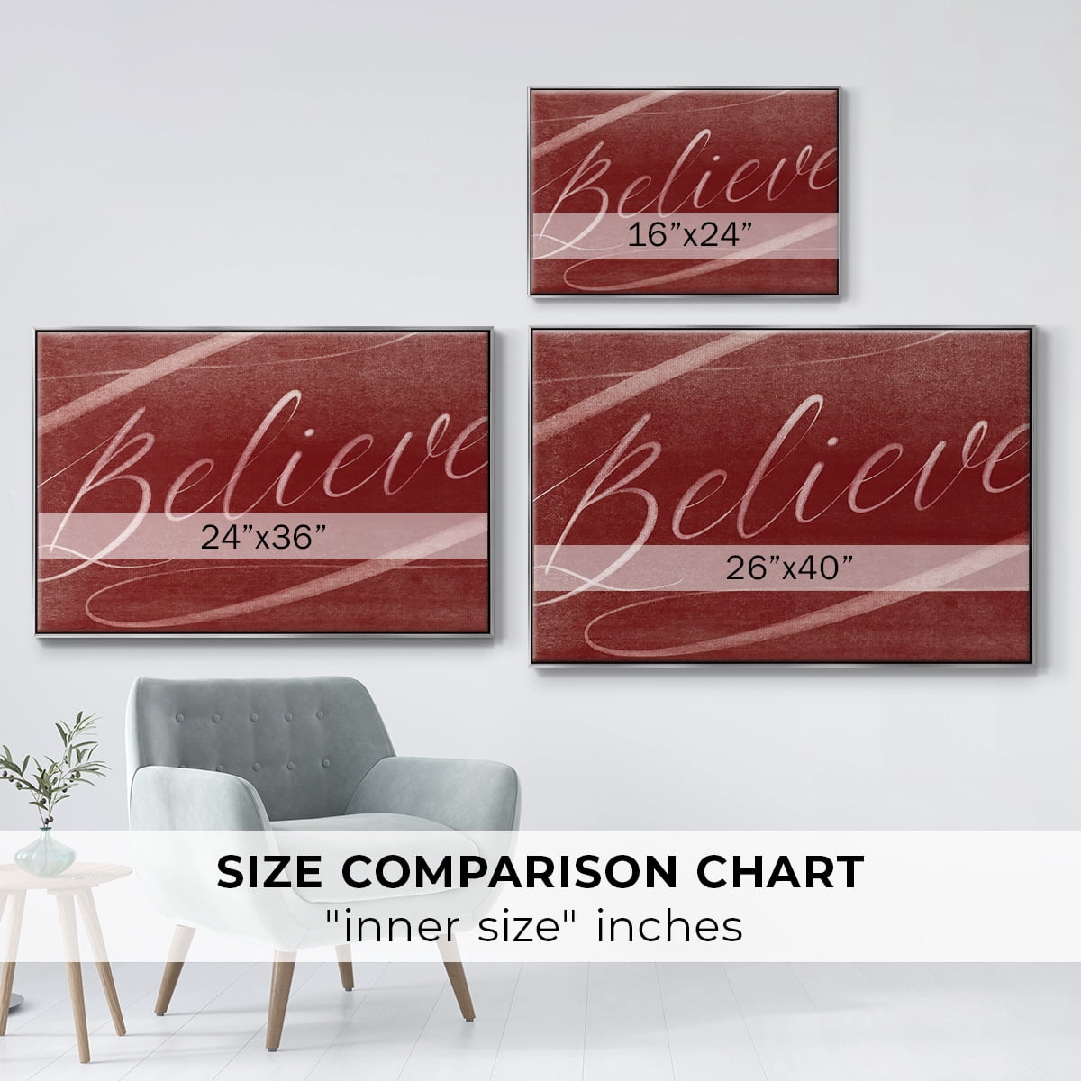 Believe - Framed Gallery Wrapped Holiday Canvas - 25 x 37 - Silver Frame