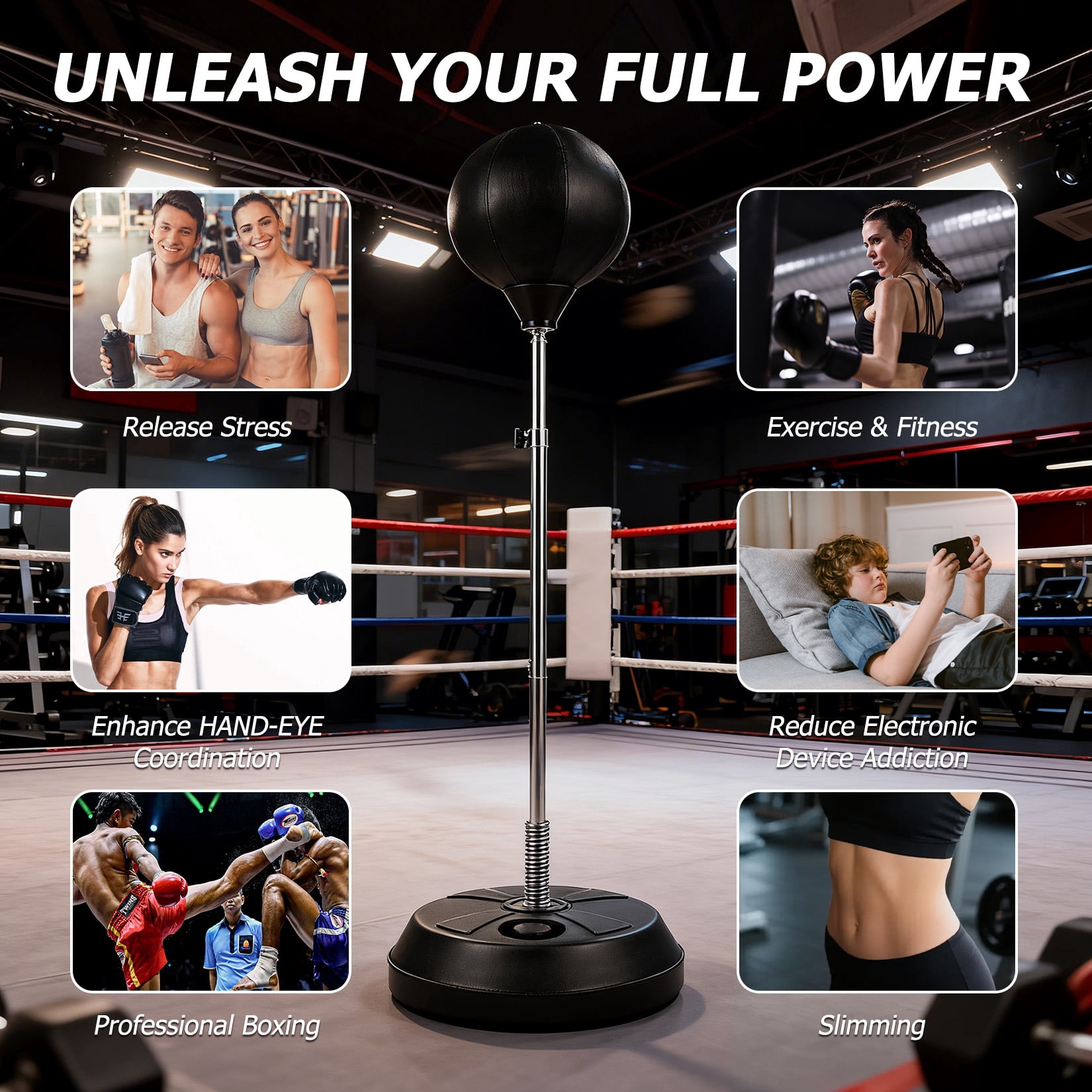 Freestanding Punching Bag Set with Gloves, Adjustable Height Reaction Boxing Ball with Spring Base, Standing Punch Bag for Adults & Teens, Home Gym Fitness Training Equipment 53-61 inch