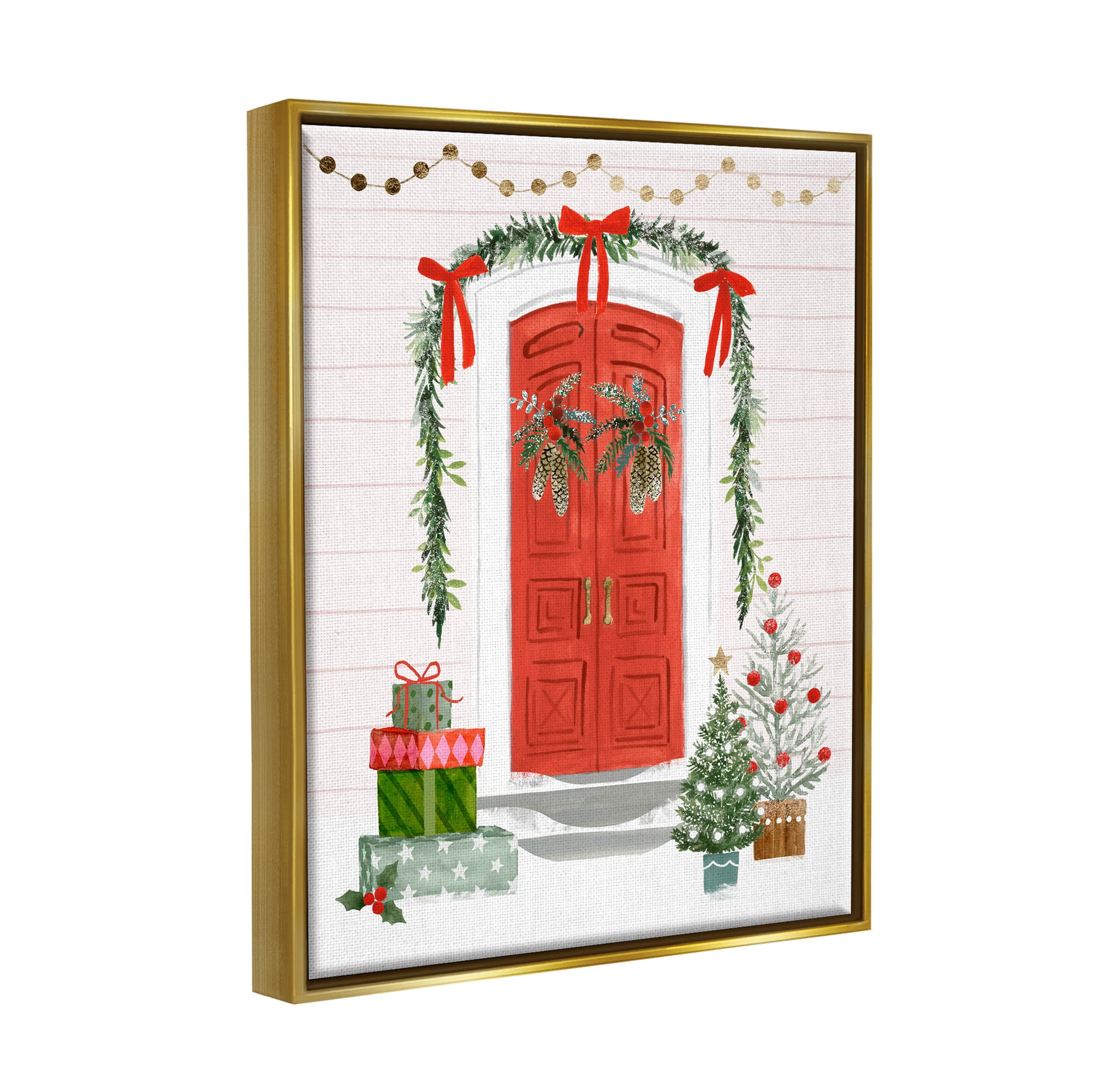 Stupell Industries Red Jolly Christmas Doorway Graphic Art Metallic Gold Floating Framed Canvas Print Wall Art, Design by Victoria Barnes