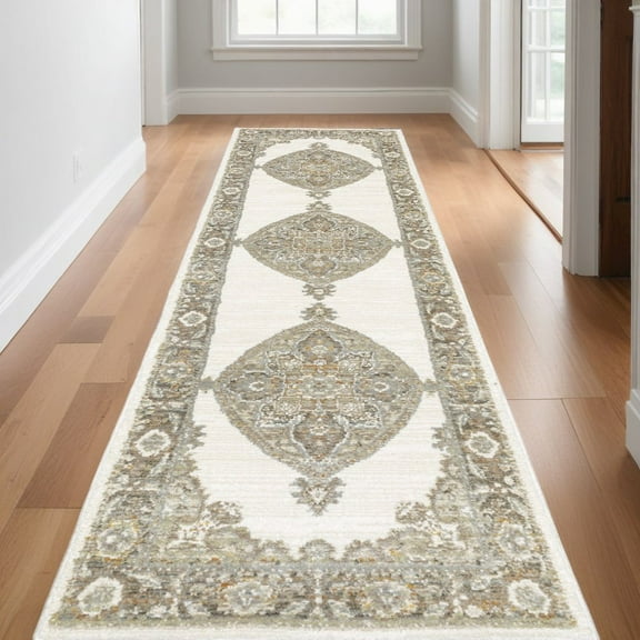 HomeRoots 12' Runner Beige And Ivory Oriental Power Loom Runner Rug