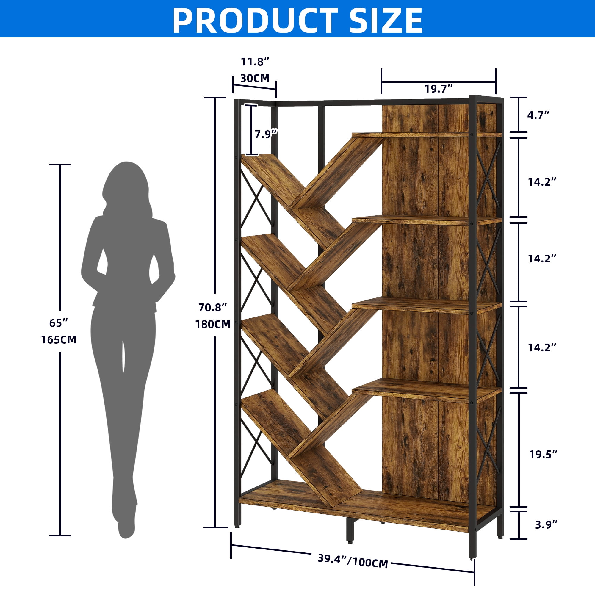 Uforic 5 Tier Tall Bookshelf, 70.8" Wide Tree Bookcase, Industrial Large Bookshelves, Etagere Storage Display Shelf for Living Room,Bedroom, Home Office, Brown