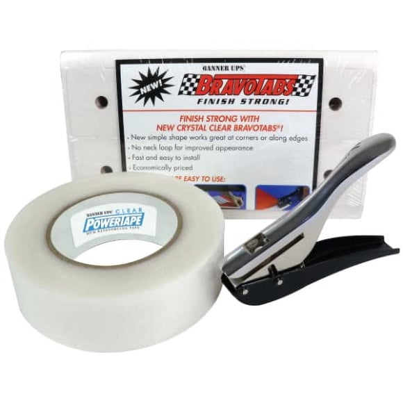 Banner Ups Starter Kit - 100 BravoTabs, 1 Roll Clear PowerTape 1.5" x 36 yd, 1EZ Punch - Make Your Own Banners - Birthday, Graduation, Retirement, Anniversary and more