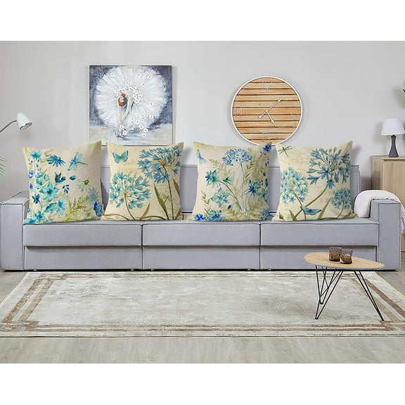 4-Pack Decor Throw Pillows in Yarn-Dyed Bengal Stripe / Distressed Floral Patterns by Comfort Canopy