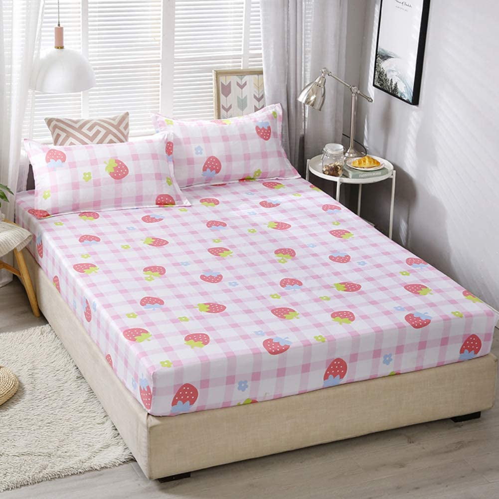 Flat Sheet not Included Girls Strawberry Bed Sheet Set Twin Kids Pink Buffalo Check Bedding Set Cute Strawberries Fruit Fitted Sheet Bedroom Decor Soft Kawaii Grid Plaid Bed Cover with 1 Pillow Case