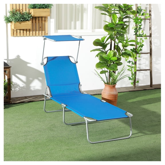 Outdoor Pool Chaise Lounge Chair, Folding Tanning Chair with Sun Shade, Blue