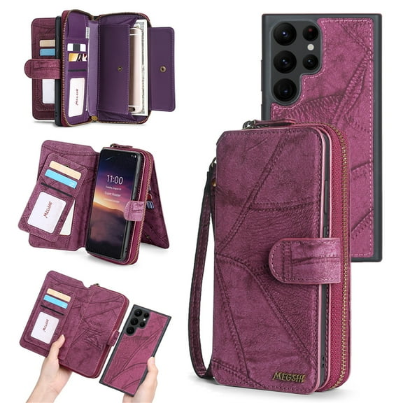 ELEHOLD for Samsung Galaxy S24 Ultra Multi-Functional Wallet Case,Large Capacity Purse Handbag with Card Slots Magnetic Detachable Leather Case Wrist Strap Zipper Wallet Shockproof Case,Winered