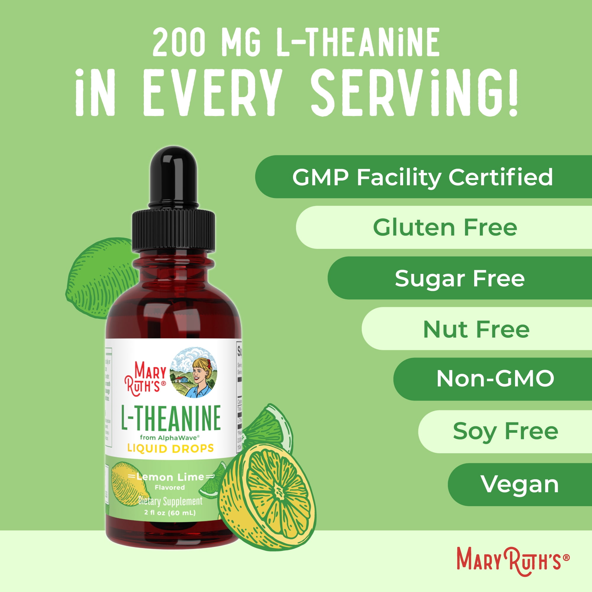 MaryRuth's L-Theanine 200mg Liquid Drops Stress Relief Vegan Supplement Unisex 30 Servings 2 fl. oz.