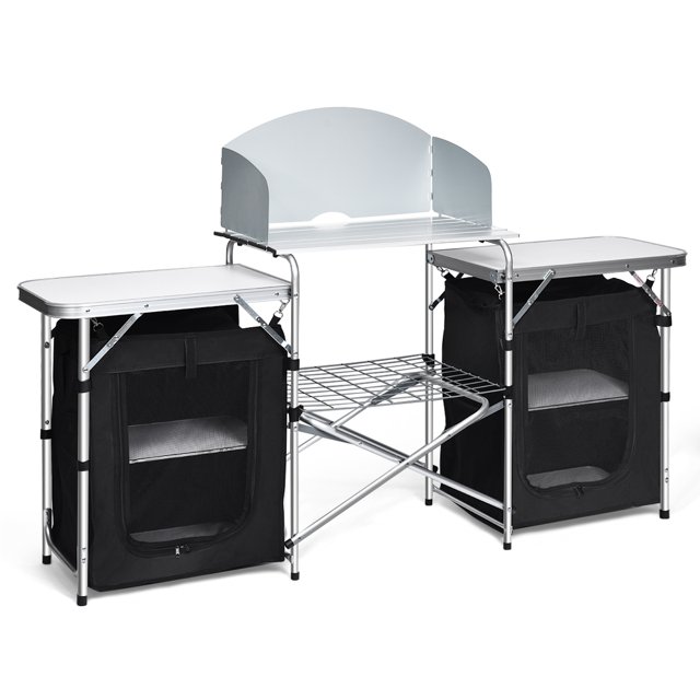 Patiojoy Portable Camping Kitchen Table Aluminum Fold-Up Camping Kitchen with Windscreen for BBQ, Picnic, Party Black