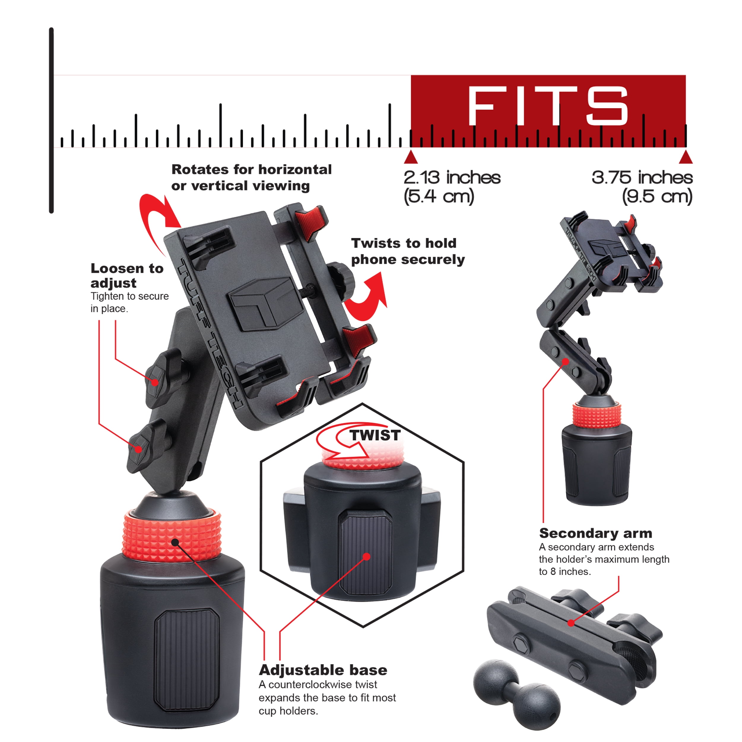 Tuff Tech Extendable Cup Mount Phone Holder for Cars, Trucks, and SUVs
