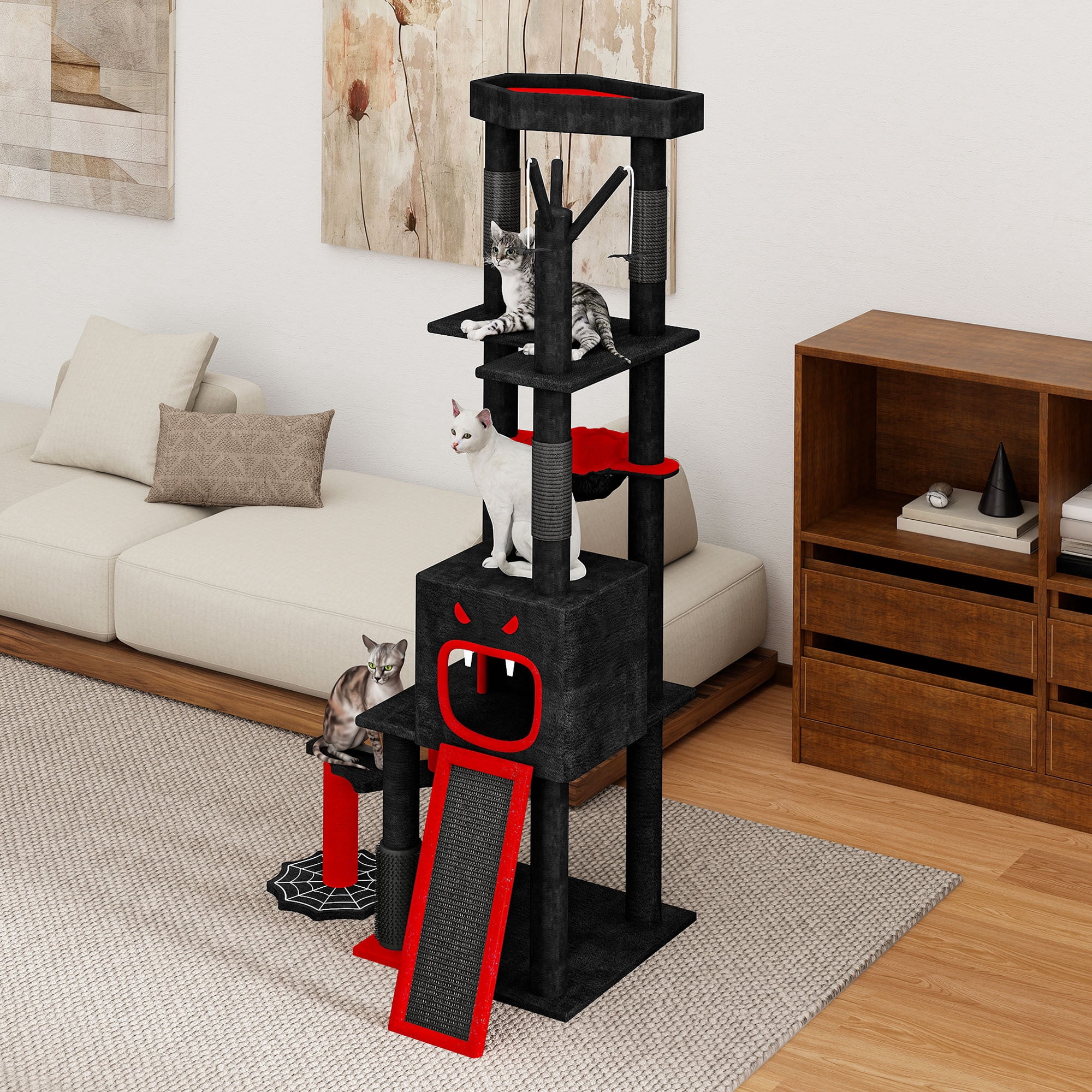 Uforic 60" Gothic Cat Tree Tower with Coffin Bed, Black Halloween Cat Tower with Top Perch, Condos, Basket & Scratcher