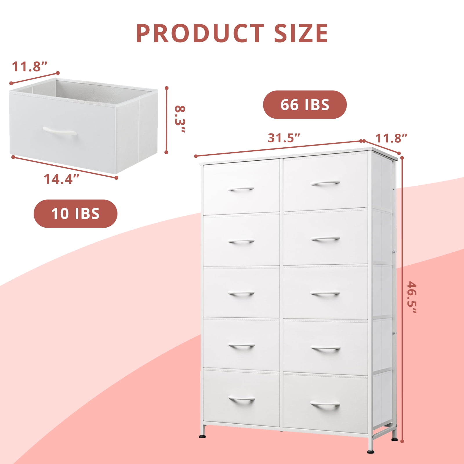 Tall Dresser for Bedroom, Chests of Drawers, Storage Organizer with 10 Drawers, Sturdy Metal Frame, Wood Tabletop for Guest Room, Closet, Entryway, Nursery, White