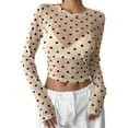 thumbnail image 2 of Lace Mesh Sheer Long Sleeve Tops for Women Polka Dot Casual Spring And Summer Fitted Tight T Shirts Blouses Beige S, 2 of 9