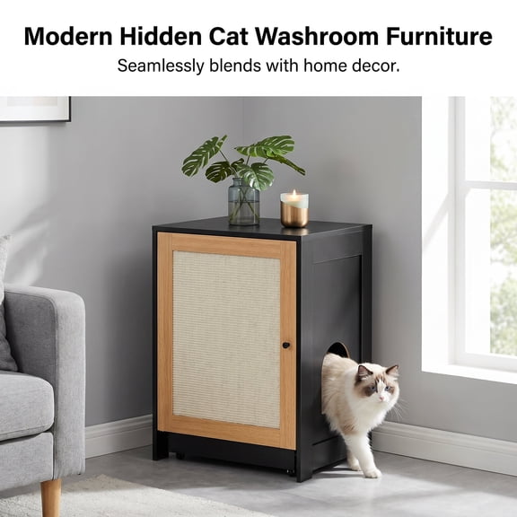 Cat Litter Box Enclosure, Black Hidden Litter Box Furniture Cabinet with Sisal Scratching Door, Pull-Out Tray, Storage Shelf and Side Entry, Modern Cat Washroom End Table for Indoor Cats