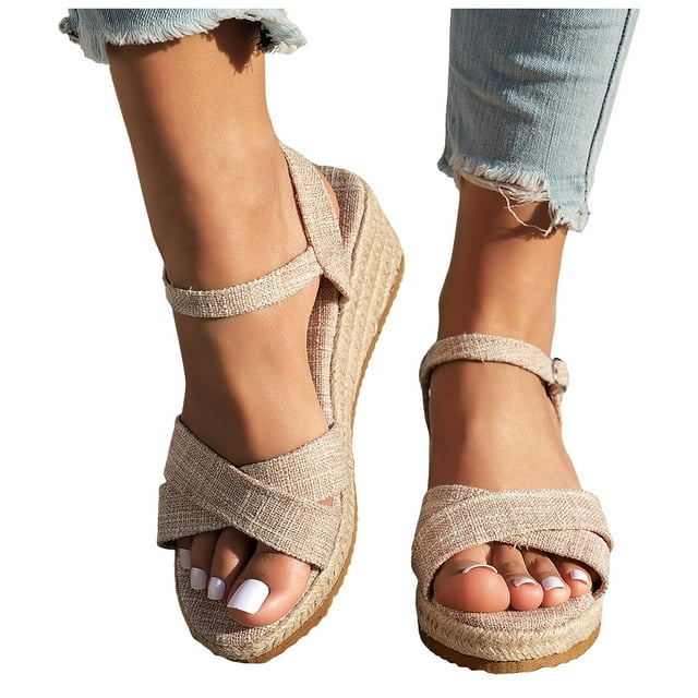Women's Espadrilles Platform Wedge Sandals Beach Summer Linen Open Toe Ankle Strap Dress Sandals