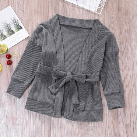 

Toddler Girls Cardigans Coats Off Shoulder Long Sleeve Lace up Waist Cotton Knit Sweater With Belt