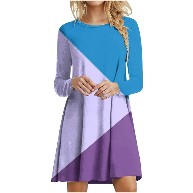 Robes d'Automne pour Femmes Col Rond Bloc de Couleur Robe à Manches Longues Décontractée Ample Tunique Évasée Mini Robes