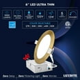 thumbnail image 3 of Luxrite 6 Inch Ultra Thin LED Recessed Light J-Box, 12W, 5CCT, Dimmable, 1000 Lumens, Brass Trim, 3 of 7