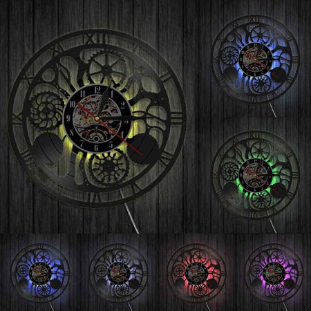 Gears and Cogs Wall Clock Cogwheels Science Art Artificial Intelligence Steampunk Neuroscience Art Vinyl Record Wall Clock With LED