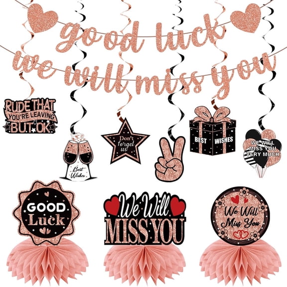 Pink Farewell Party Decorations Set with Glitter We Will Miss You Banner, Hanging Swirls and Honeycomb Centerpieces for Leaving Retirement Office