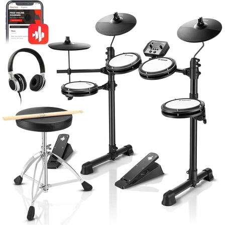 Donner DED-80 Electronic Drum Set with 4 Quiet Mesh Pads, 180  Sounds, 2 Pedals, Throne, Headphones, Sticks, and Melodics Lessons