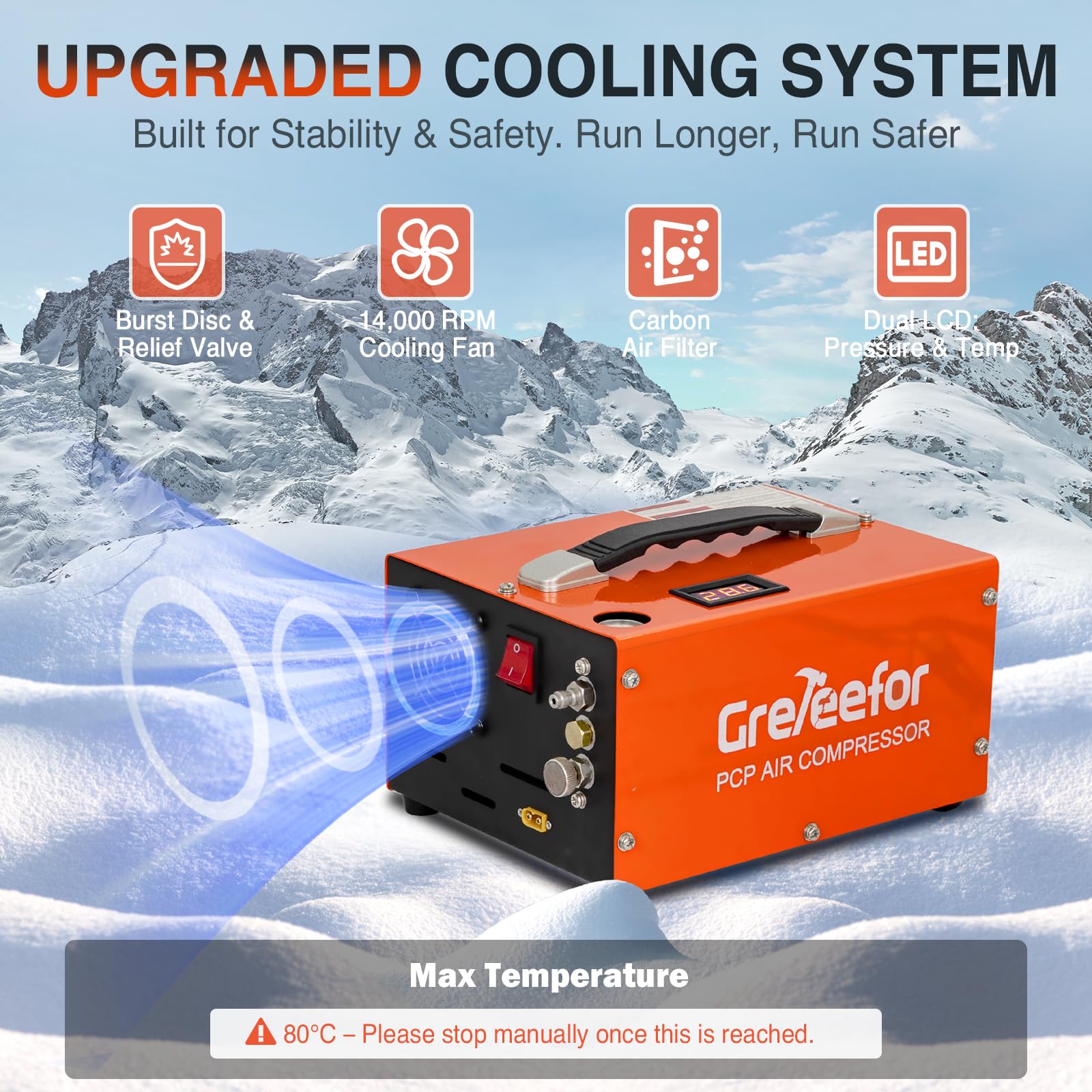 Greteefor PCP Air Compressor, Built-in 600W Adapter, 4500Psi/30Mpa, 350W Motor, 12V DC or 110V/220V AC Power, Auto Stop, Water/Oil free &Cooling Fan for Air Rifle, Paintball, HPA Tanks LightWeight