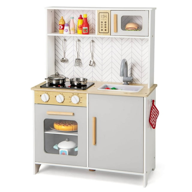Costway Kids Kitchen Playset with Lights Sounds Microwave Stoves Oven Cooking Accessories