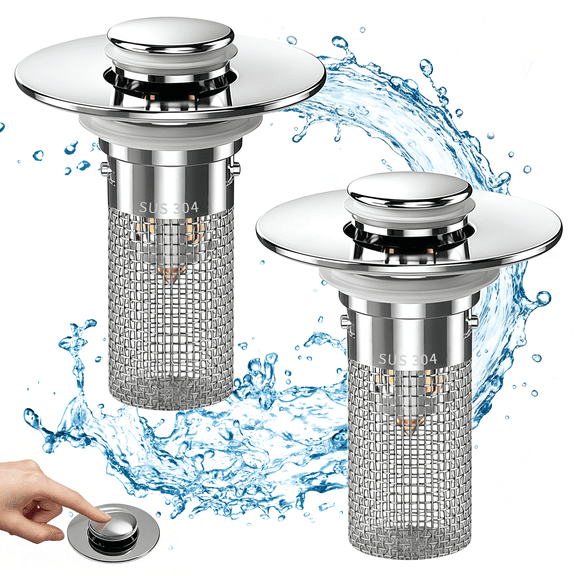 SKYWEE Bathroom Sink Drain Strainer, 2-Pack Pop-up Sink Stopper with Removable Stainless Steel Basket, Anti-Clogging Hair Catcher for Bathroom Vanity