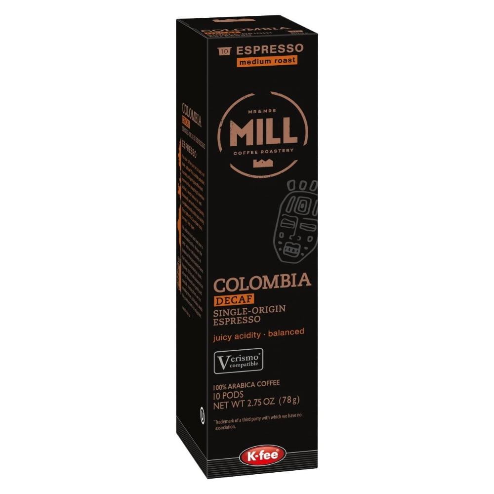 Mr and Mrs Mill Colombia Decaf Espresso K-fee® & Starbucks® Verismo* Compatible | 60 Count (6 boxes X 10 Pods) | Medium Roast Single Serve Espresso Pods