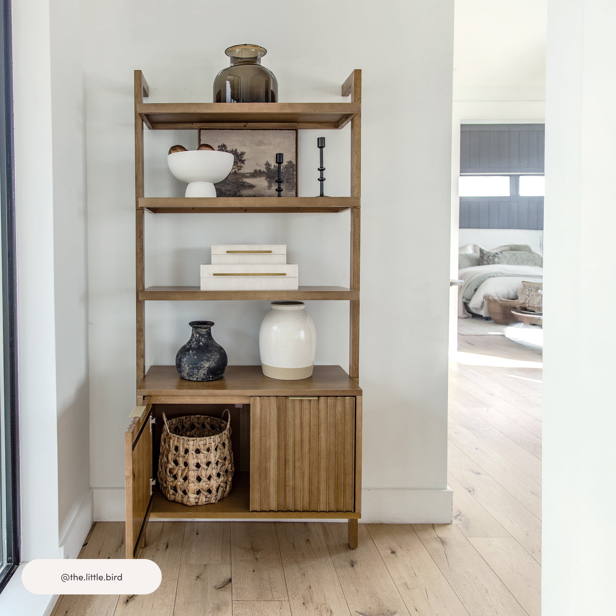 Nathan James Jasper 3-Shelf Solid Wood Boho Bookshelf, Wall Mounted Bookshelf with Cabinet with Fluted Doors, Light Brown