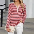 thumbnail image 2 of T-shirt pour Femmes, Col en V Boutonné, Manches Longues, Imprimé Rayé, Tuniques, Blouses, T-Shirts Rouges G, 2 of 4