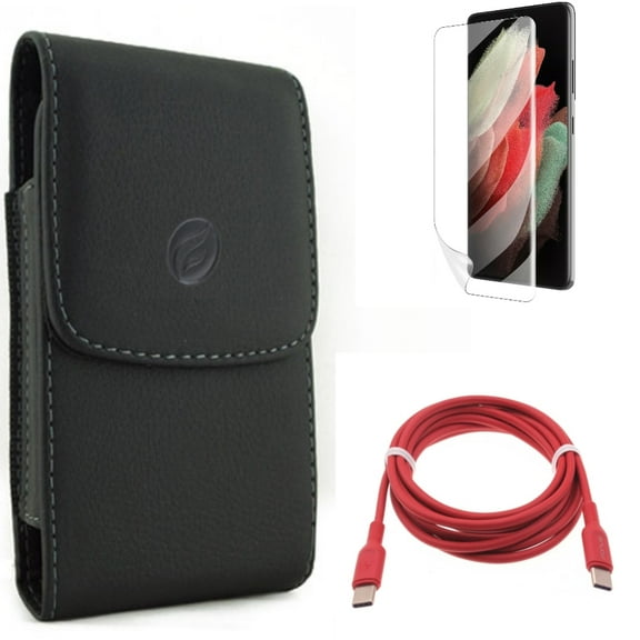 Red 6ft Long Cable & Case Belt Clip & Matte Screen Protector for Samsung Galaxy S22 Plus (S22 ) - Combo USB-C to Type-C PD Fast Charger Cord & Leather Holster Cover & TPU Film Anti-Glare