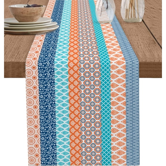 Bohemian Cotton and Linen Table Runner, Kitchen Table Runners for Family Dinner, Banquet, Parties and Celebrations, Geometric Stripe Orange Blue Turquoise Table Decor, 13.8 x 71 inch