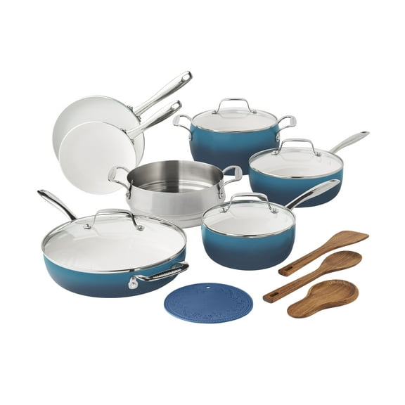 The Pioneer Woman Harlow 15-Piece Cookware Set, Ceramic Non-Stick Pots and Pans Set,  Denim Blue