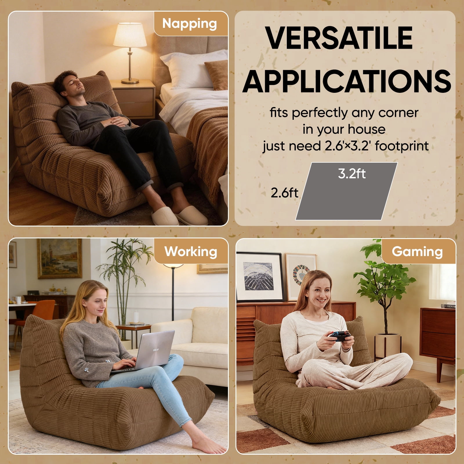 Alvantor Bean Bag Chair, Armless Lazy Sofa with Memory Foam and Soft Corduroy for Living Room Bedroom Reading Gaming