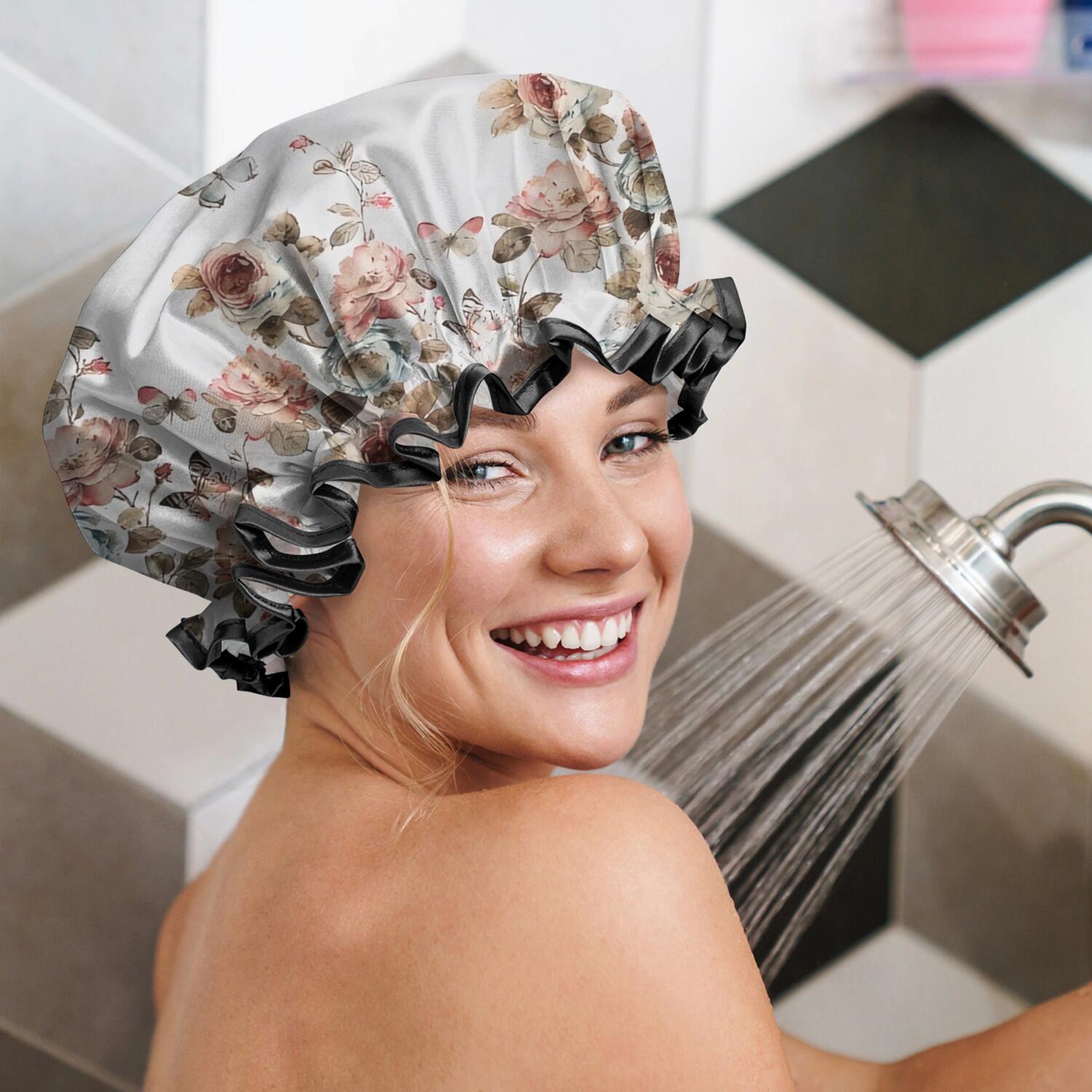 Shower Caps,White Butterfly Rose Pattern Waterproof Shower Cap for Women 4 Pieces,Double Reusable Hair Cover for Shower PEVA Elastic Stretch Hem