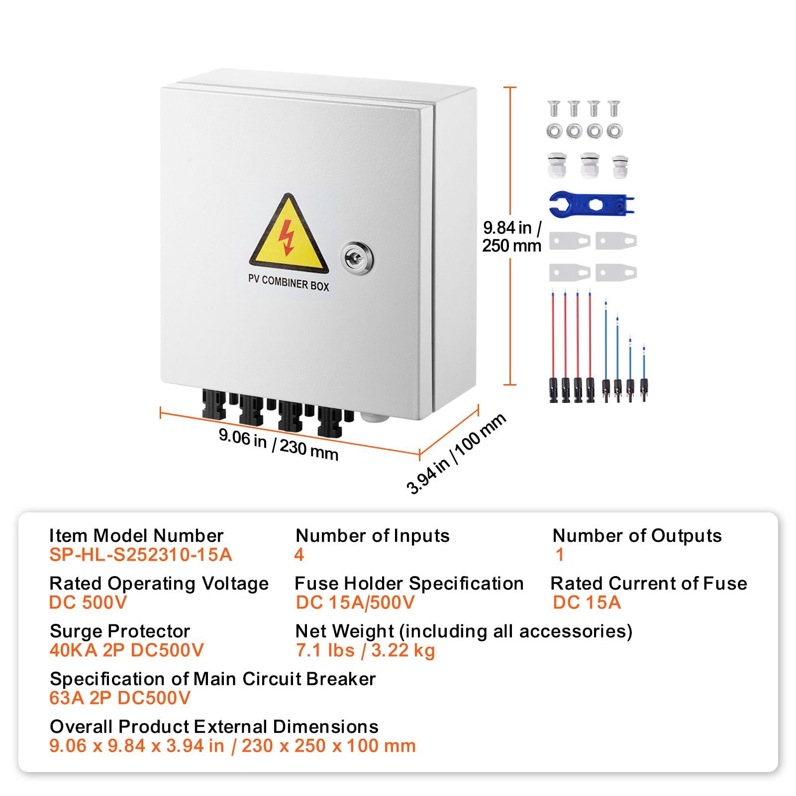 4-String PV Combiner Box with 15A DC Fuses, 63A Circuit Breaker, IP65 Waterproof, Lightning Protection, for Solar Panel Systems