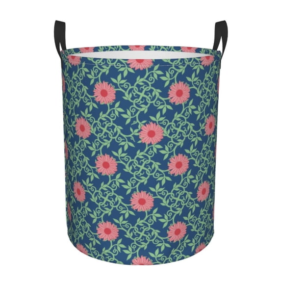 XMXY Round Laundry Basket Organizer, Pink Flowers Green Leaves Waterproof Collapsible Dirty Clothes Basket Laundry Hamper, Small Size