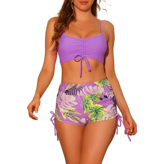Conjuntos de bikini con tirantes para mujer, 2 piezas, estampado tropical, pantalones cortos de cintura alta, trajes de baño grandes en púrpura