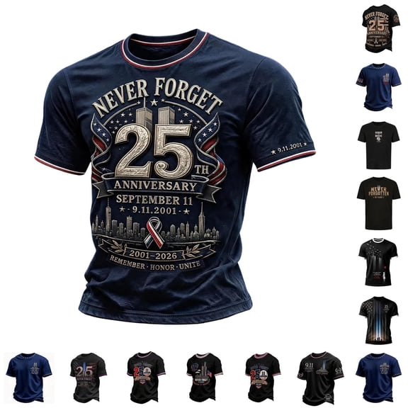9/11 25Th Anniversary Shirt Men Crewneck 911 Tshirt Never Forget US Flag Printed Short Sleeve Patriotic Memorial Tops for Men