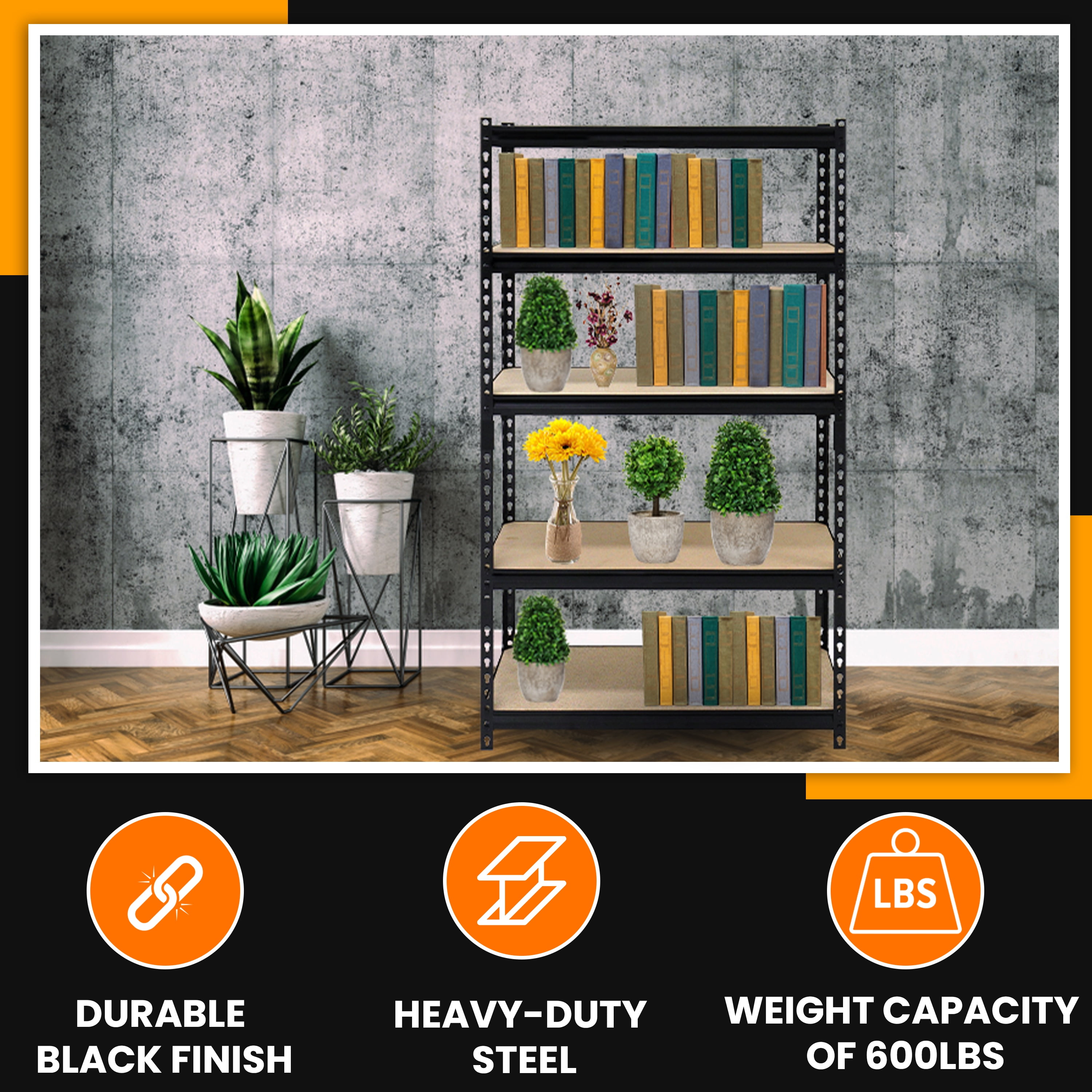 Juggernaut Storage 30"W x 12"D x 60"H 5-Shelf Steel Freestanding Shelves, Black