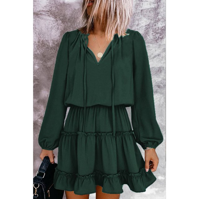 Vestido con escote en V y cordones, minivestido informal con volantes en capas y manga larga con escote en V, vestido de verano con volantes para mujer, diseño exquisito